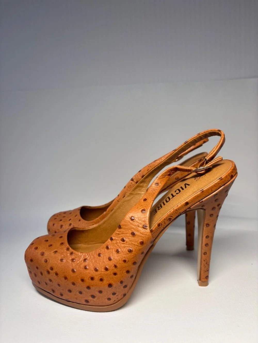 La Victoire Ostrich Embossed Leather Platform Slingback Heels Brown Size 6
